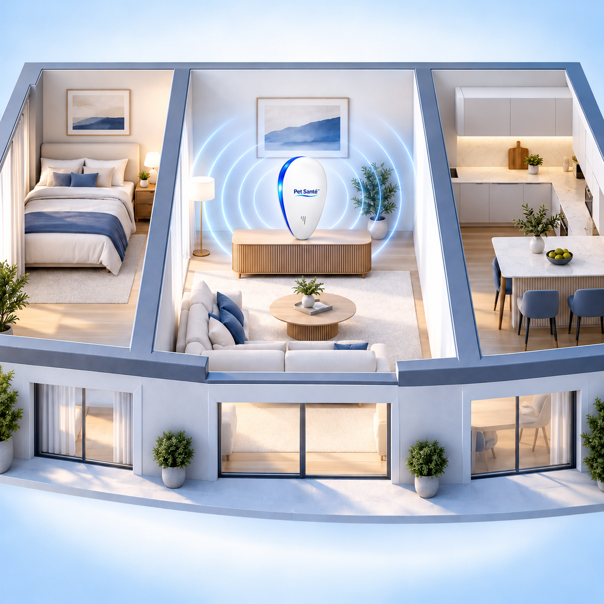 Logement en coupe : les ondes sont contenues dans une pièce et arrêtées par les murs