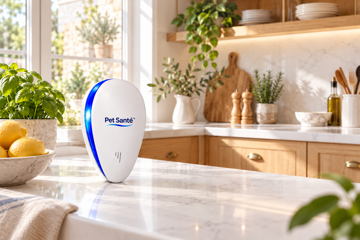 Répulseur Pet Santé dans une cuisine lumineuse aux finitions bois et pierre