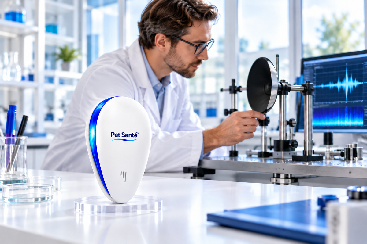 Scène illustrative de laboratoire acoustique avec un scientifique et le répulseur Pet Santé